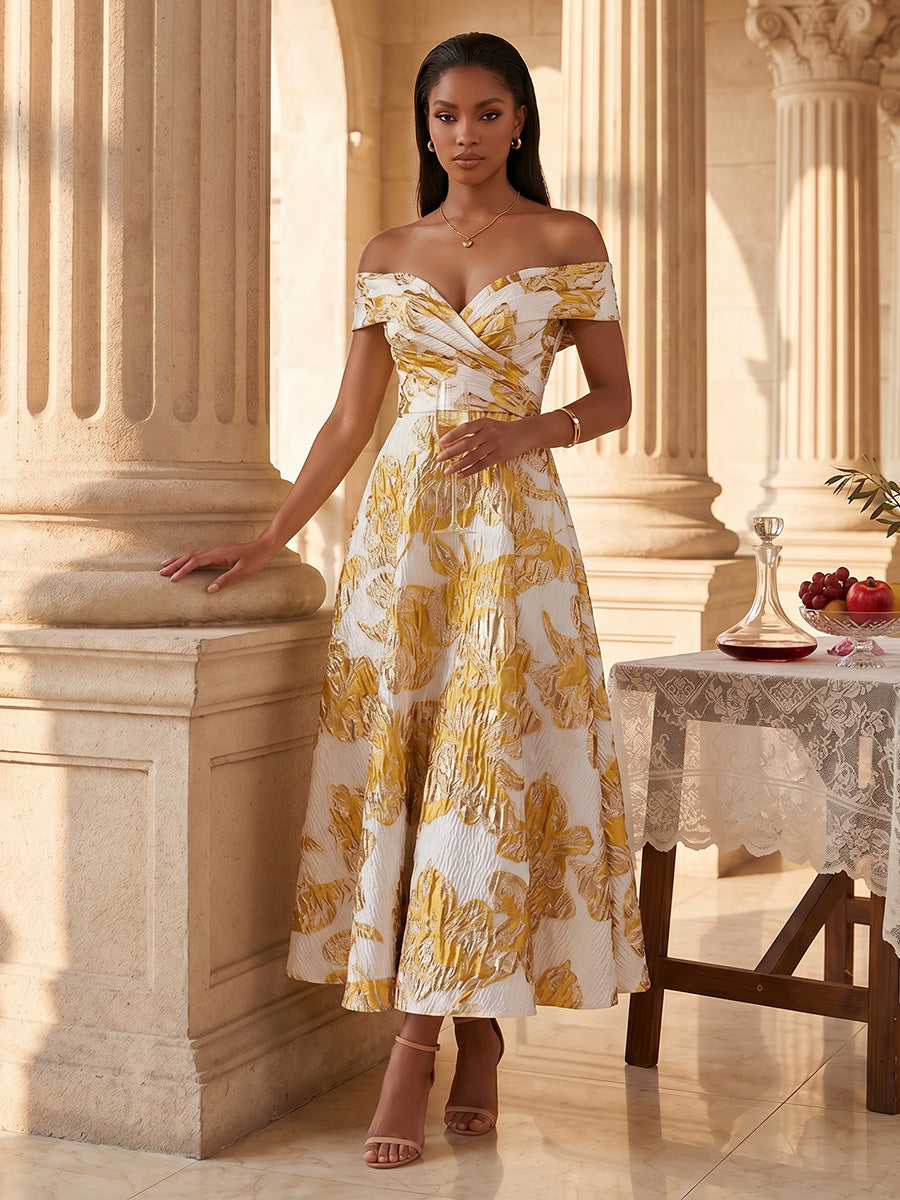 Jacquard A-Line/Princess Off Shoulder Tea-Length Evening Dresses with Ruched Waist