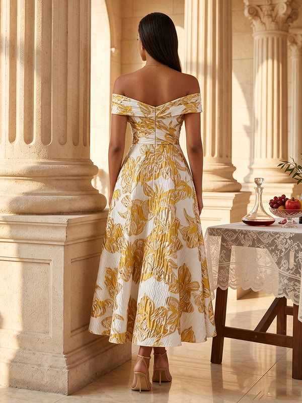 Jacquard A-Line/Princess Off Shoulder Tea-Length Evening Dresses with Ruched Waist