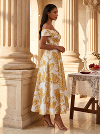 Jacquard A-Line/Princess Off Shoulder Tea-Length Evening Dresses with Ruched Waist