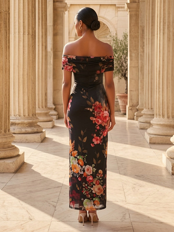 Floral Print Sheath/Column Off Shoulder Floor-Length Evening Dresses for Women