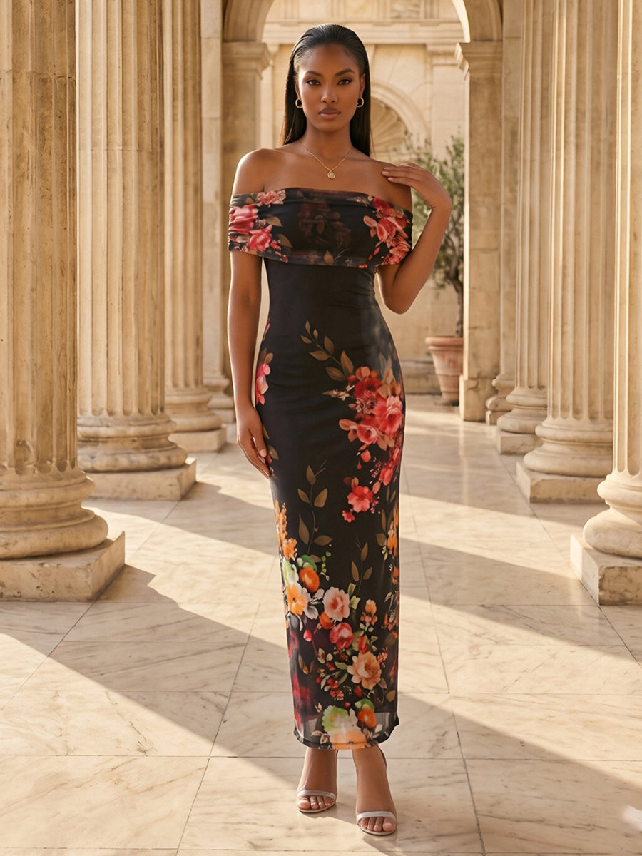 Floral Print Sheath/Column Off Shoulder Floor-Length Evening Dresses for Women