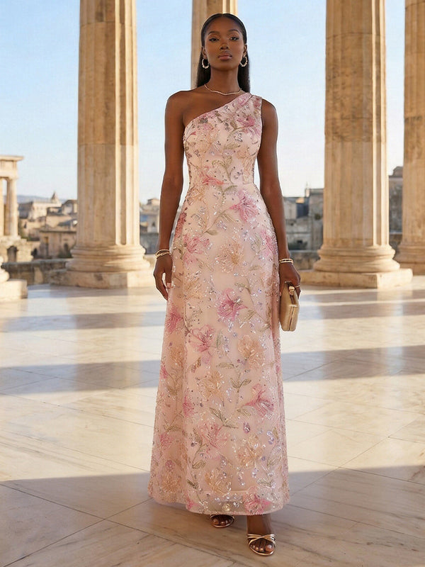 Sequin Floral A-Line/Princess One Shoulder Floor-Length Evening Dresses for Women