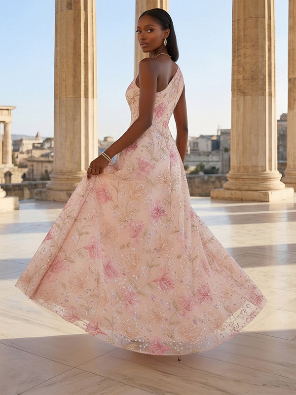 Sequin Floral A-Line/Princess One Shoulder Floor-Length Evening Dresses for Women