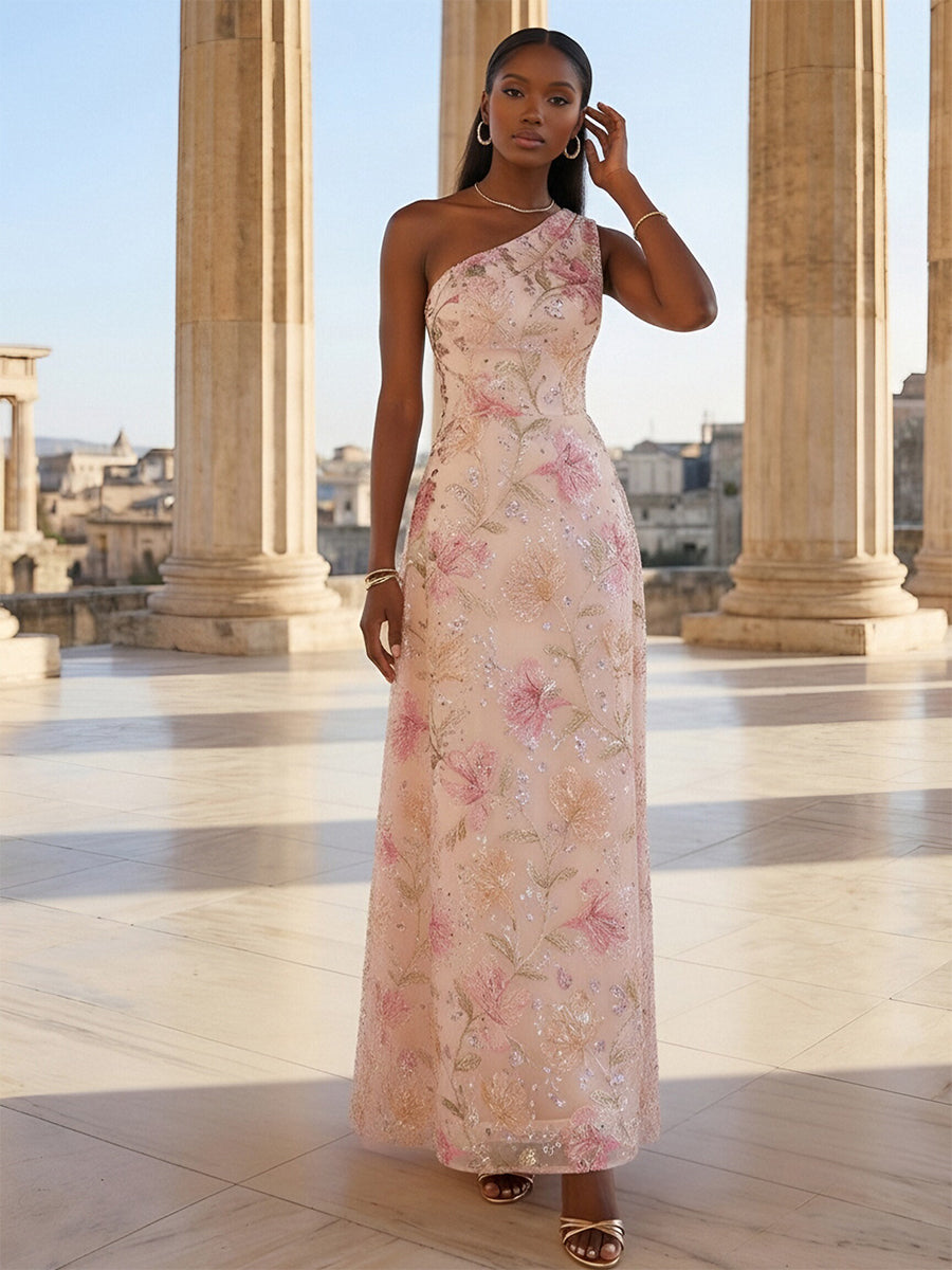 Sequin Floral A-Line/Princess One Shoulder Floor-Length Evening Dresses for Women