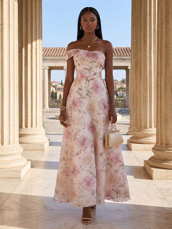Sequin Floral A-Line/Princess One Shoulder Floor-Length Evening Dresses for Women