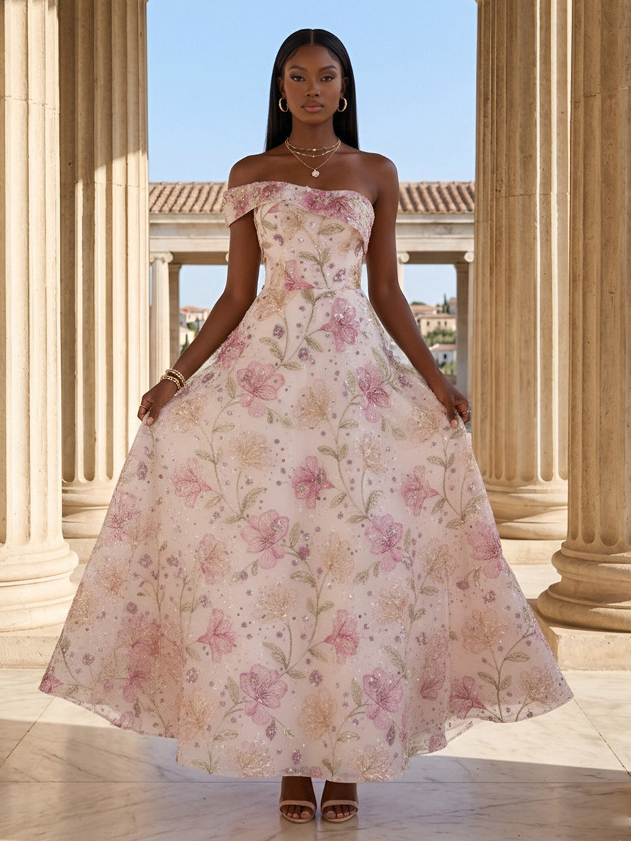 Sequin Floral A-Line/Princess One Shoulder Floor-Length Evening Dresses for Women