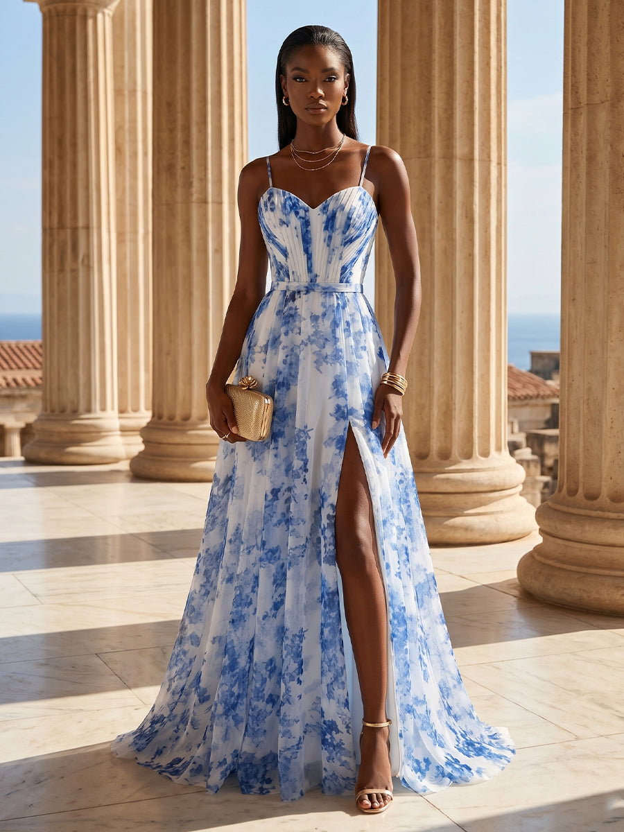 Floral Print A-Line/Princess Spaghetti Straps Floor-Length Evening Dresses with Pleats & Slit