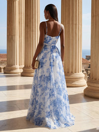 Floral Print A-Line/Princess Spaghetti Straps Floor-Length Evening Dresses with Pleats & Slit