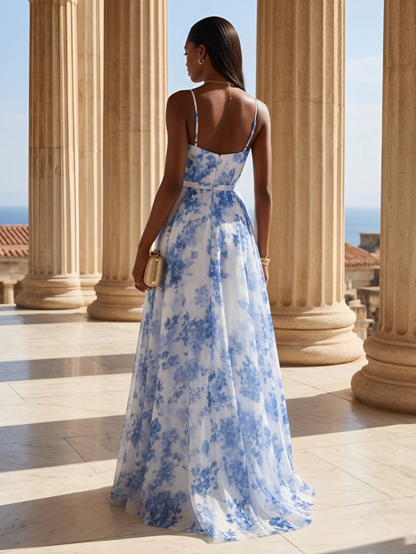 Floral Print A-Line/Princess Spaghetti Straps Floor-Length Evening Dresses with Pleats & Slit