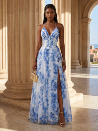Floral Print A-Line/Princess Halter Floor-Length Evening Dresses with Pleats & Slit