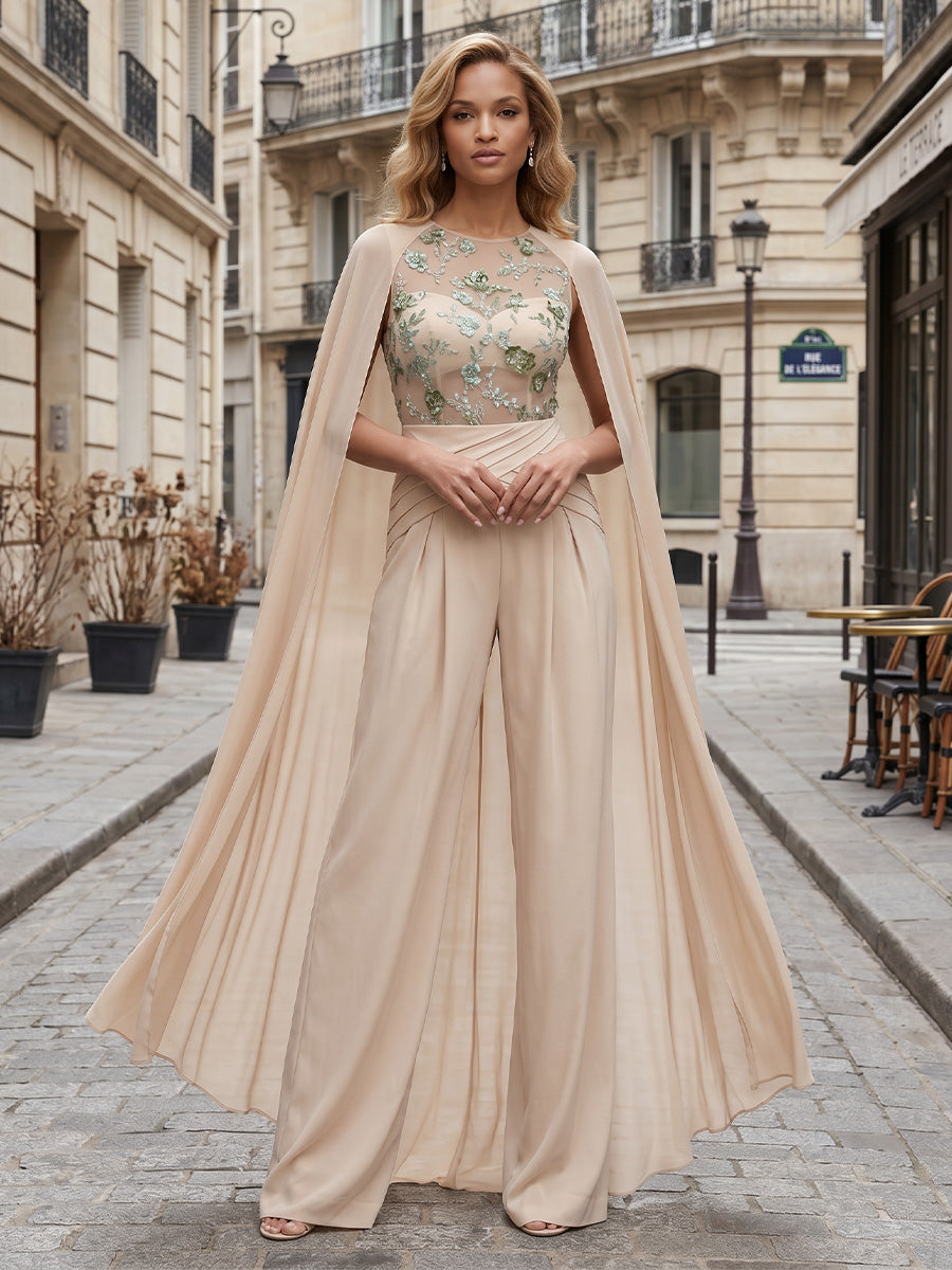 Chiffon Pantsuit Scoop Neck Floor-Length Evening Dresses with Ruched Waist