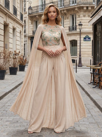 Chiffon Pantsuit Scoop Neck Floor-Length Evening Dresses with Ruched Waist