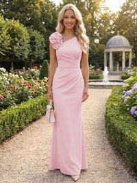 Satin Sheath/Column Asymmetrical Neck Floor-Length Evening Dresses with Ruched Waist & 3D Flower