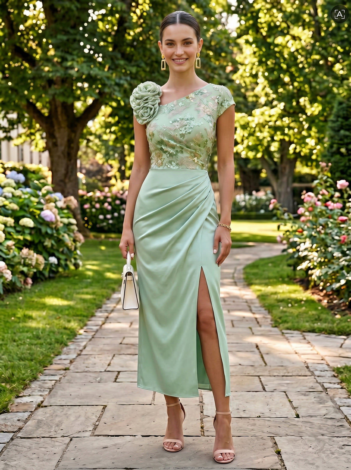 Satin Sheath/Column Asymmetrical Neck Tea-Length Evening Dresses with Sequin Floral Bodice & Slit