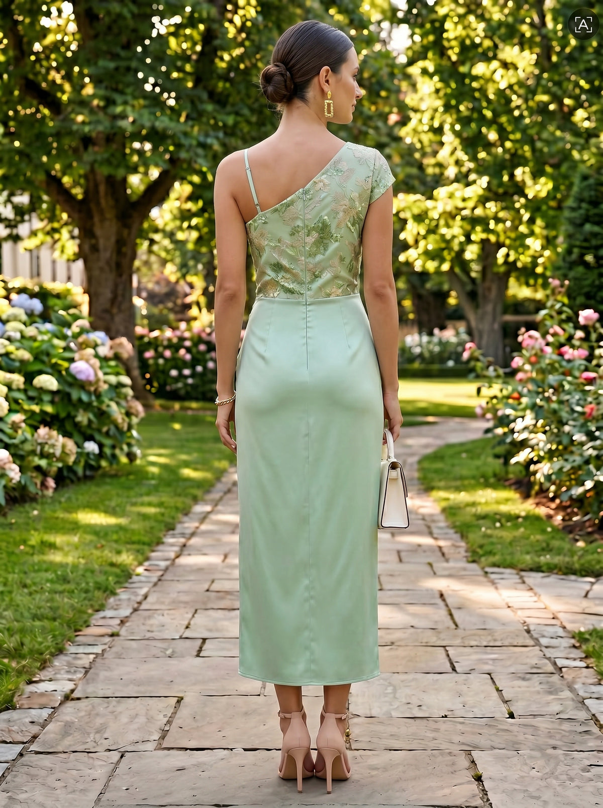 Satin Sheath/Column Asymmetrical Neck Tea-Length Evening Dresses with Sequin Floral Bodice & Slit