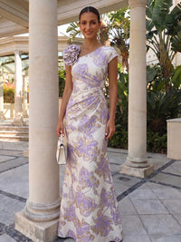 Jacquard Sheath/Column Floor-Length Evening Dresses With Ruched Waist & 3D Flower