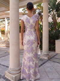 Jacquard Sheath/Column Floor-Length Evening Dresses With Ruched Waist & 3D Flower