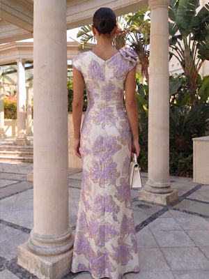Jacquard Sheath/Column Floor-Length Evening Dresses With Ruched Waist & 3D Flower
