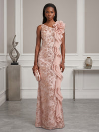 Sequin Floral Sheath/Column Asymmetric Neck Floor-Length Evening Dresses with Ruffles