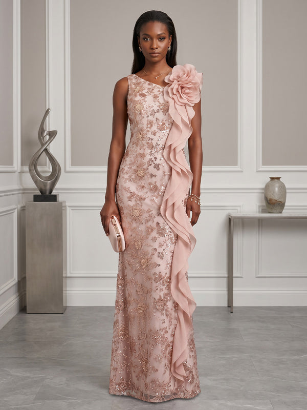 Sequin Floral Sheath/Column Asymmetric Neck Floor-Length Evening Dresses with Ruffles