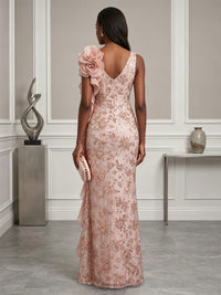 Sequin Floral Sheath/Column Asymmetric Neck Floor-Length Evening Dresses with Ruffles