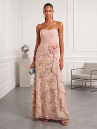 Sequin Floral A-Line/Princess Strapless Floor-Length Evening Dresses with Ruffles