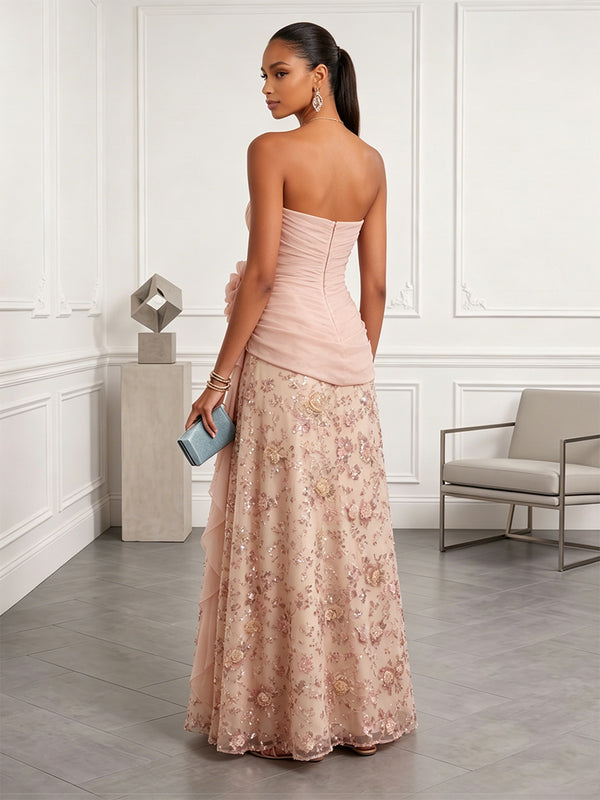 Sequin Floral A-Line/Princess Strapless Floor-Length Evening Dresses with Ruffles