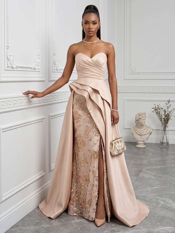 Sequin Floral Sheath/Column Strapless Floor-Length Evening Dresses with Ruched Waist, Sweep Train & Slit