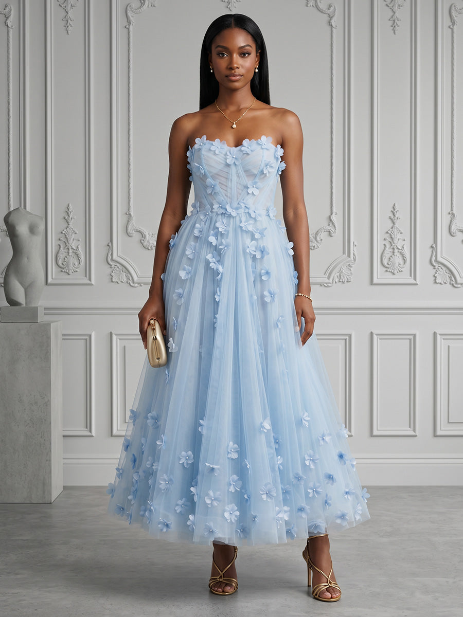 Tulle A-Line/Princess Strapless Floor-Length Evening Dresses with 3D Flowers