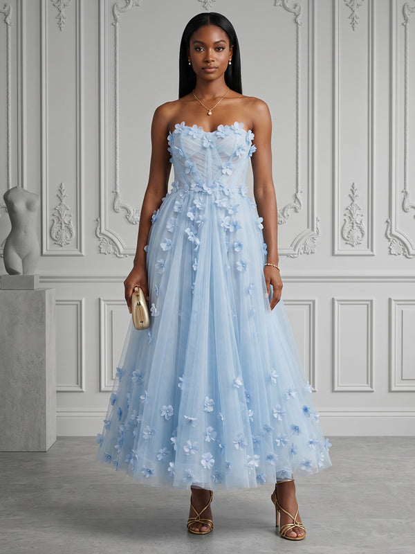 Tulle A-Line/Princess Strapless Floor-Length Evening Dresses with 3D Flowers