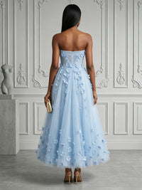 Tulle A-Line/Princess Strapless Floor-Length Evening Dresses with 3D Flowers