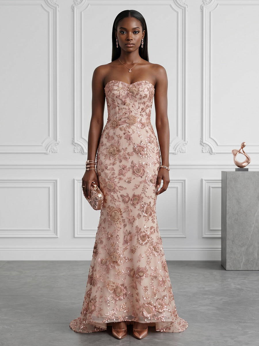 Sequin Floral Mermaid/Trumpet Strapless Floor-Length Evening Dresses with Sweep Train