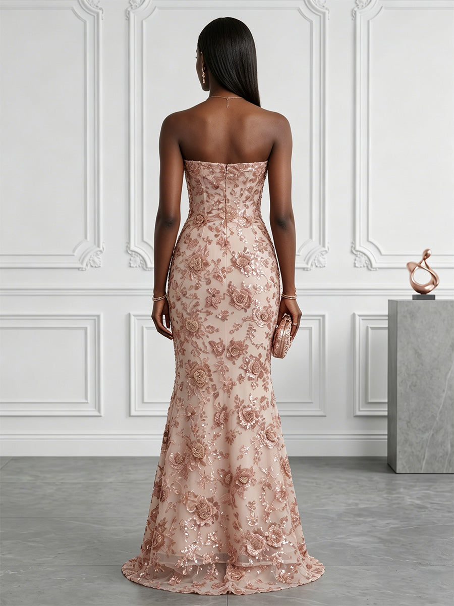 Sequin Floral Mermaid/Trumpet Strapless Floor-Length Evening Dresses with Sweep Train