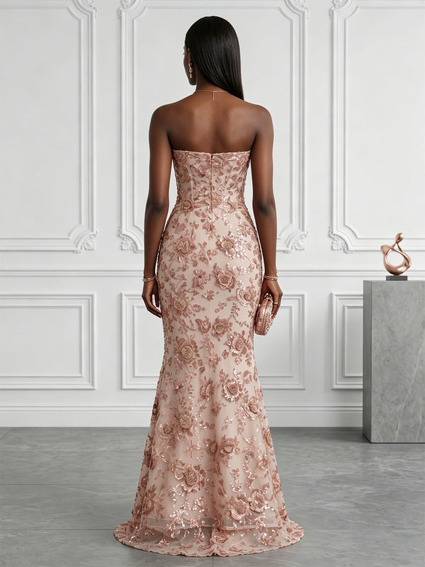 Sequin Floral Mermaid/Trumpet Strapless Floor-Length Evening Dresses with Sweep Train