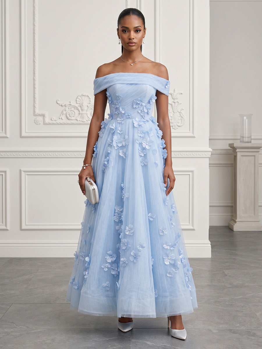Tulle A-Line/Princess Off Shoulder Floor-Length Evening Dresses with 3D Flowers