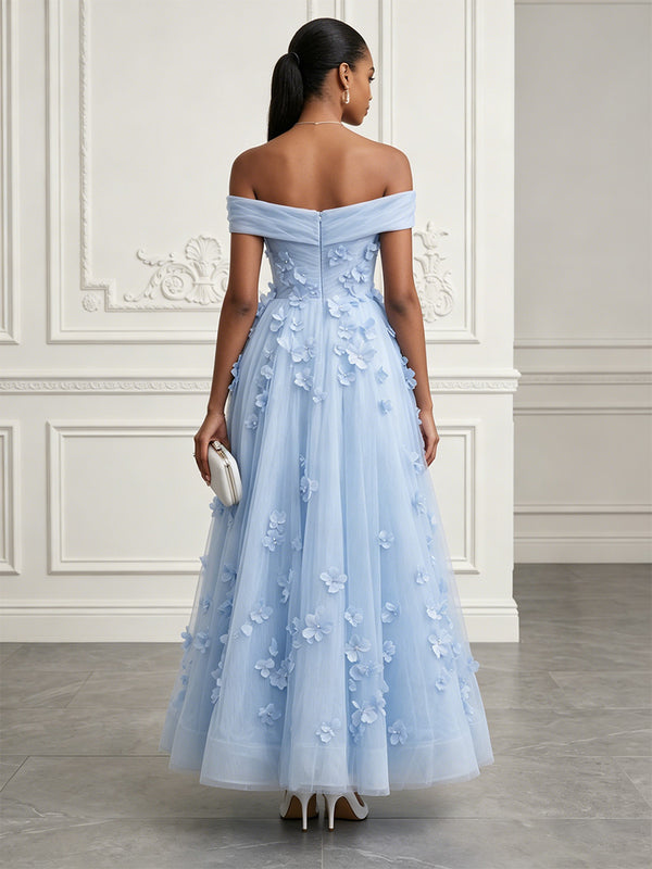 Tulle A-Line/Princess Off Shoulder Floor-Length Evening Dresses with 3D Flowers