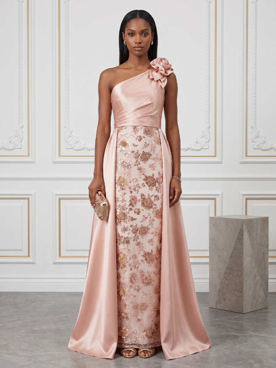 Sequin Floral Sheath/Column One Shoulder Floor-Length Evening Dresses with Satin Bodice & 3D Flowers