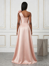 Sequin Floral Sheath/Column One Shoulder Floor-Length Evening Dresses with Satin Bodice & 3D Flowers