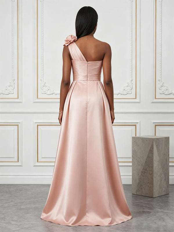 Sequin Floral Sheath/Column One Shoulder Floor-Length Evening Dresses with Satin Bodice & 3D Flowers