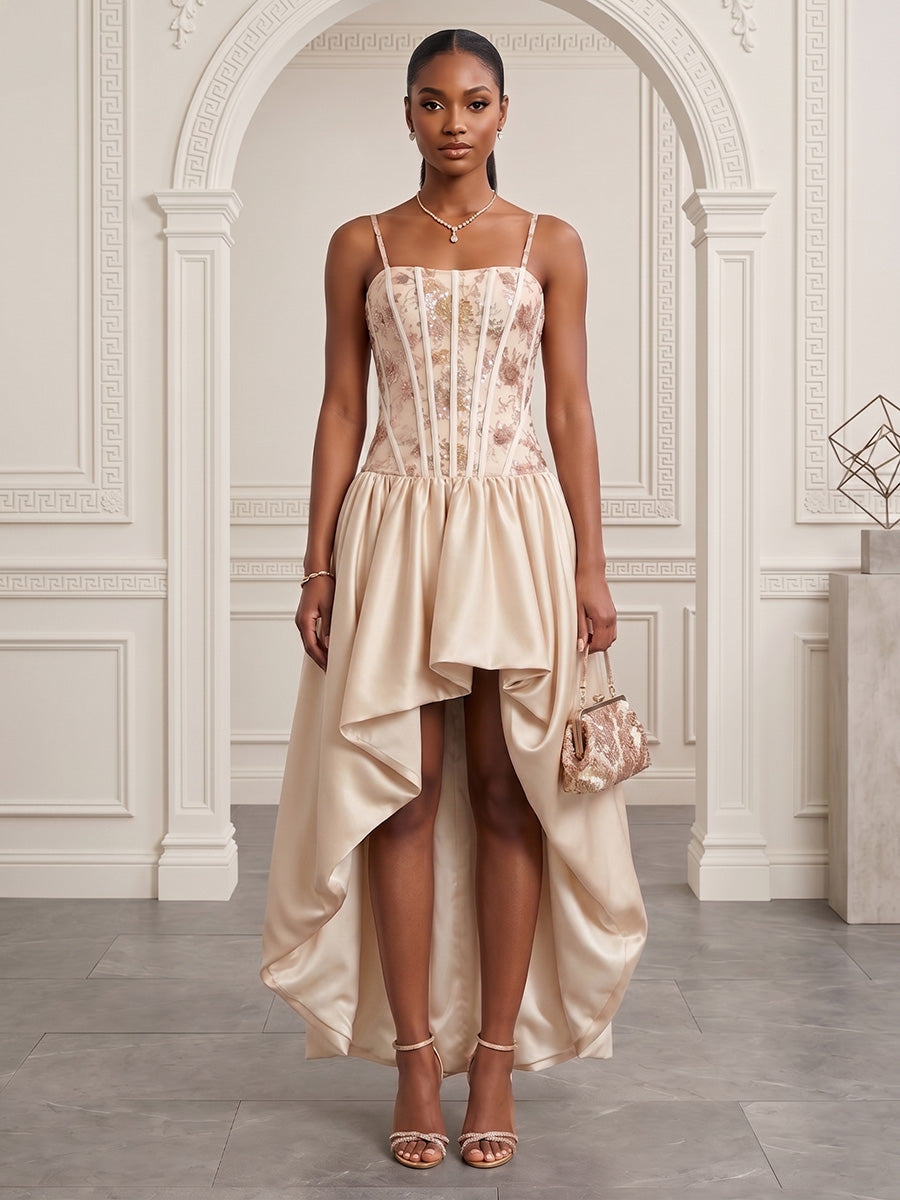 Satin A-Line/Princess Spaghetti Straps High-Low Evening Dresses with Corset Bodice