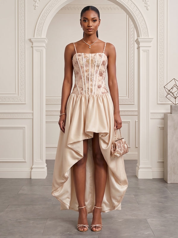 Satin A-Line/Princess Spaghetti Straps High-Low Evening Dresses with Corset Bodice