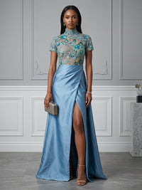 Satin A-Line/Princess High Neck Floor-Length Evening Dresses with Sequin Floral & Slit