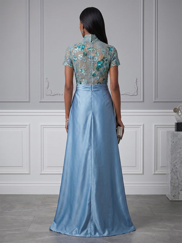 Satin A-Line/Princess High Neck Floor-Length Evening Dresses with Sequin Floral & Slit