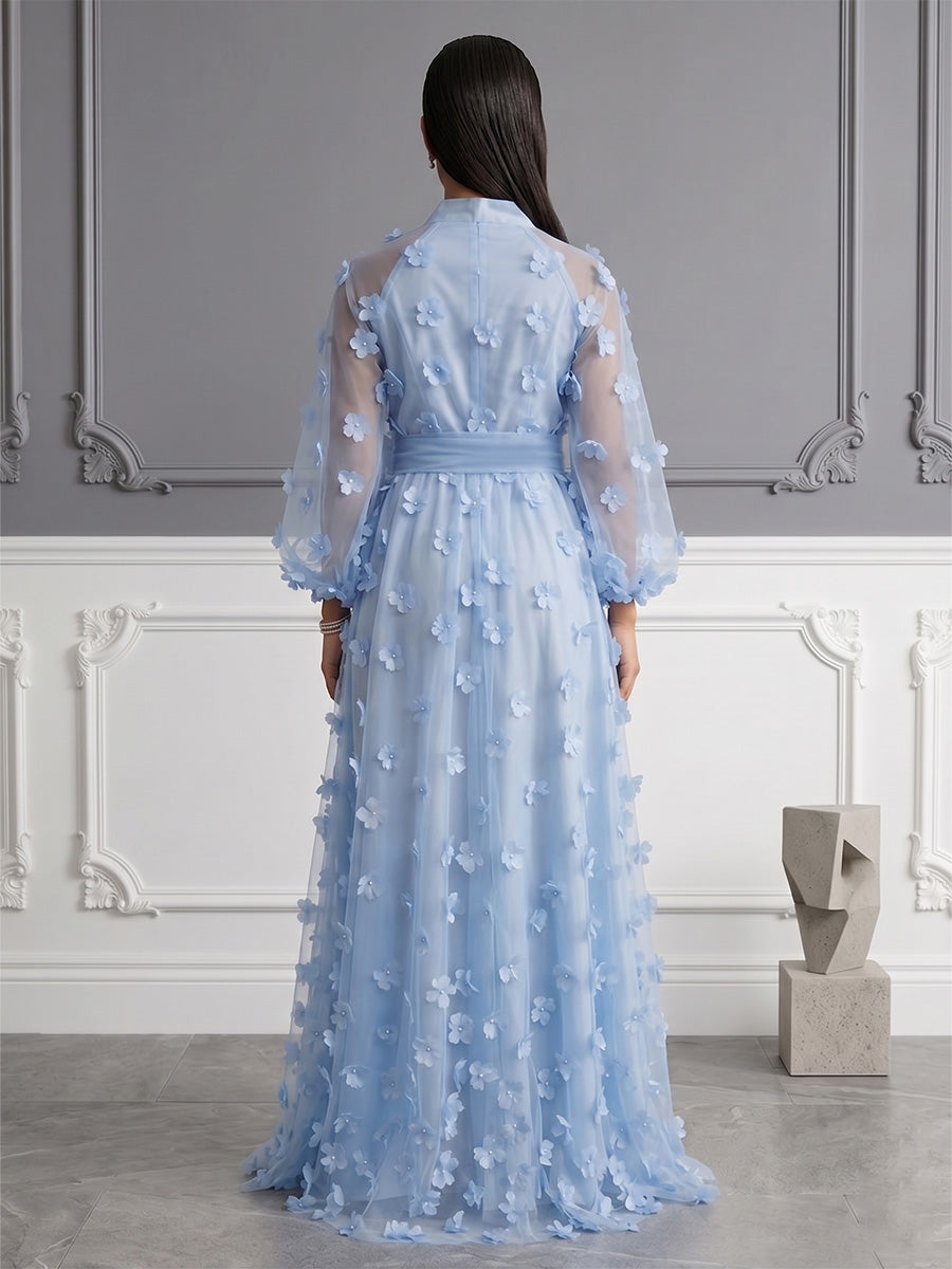 Tulle A-Line/Princess V-Neck Floor-Length Evening Dresses with 3D Flowers & Slit