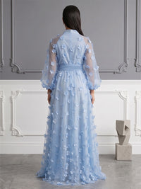 Tulle A-Line/Princess V-Neck Floor-Length Evening Dresses with 3D Flowers & Slit