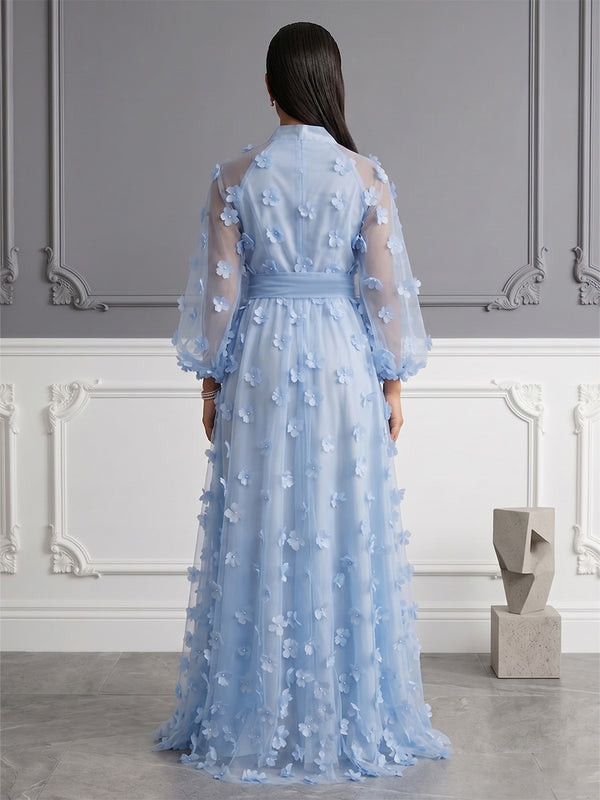 Tulle A-Line/Princess V-Neck Floor-Length Evening Dresses with 3D Flowers & Slit