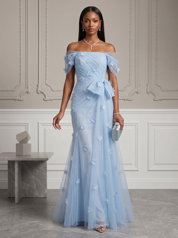 Tulle Mermaid/Trumpet Off Shoulder Floor-Length Evening Dresses with 3D Flowers & Ruched Waist