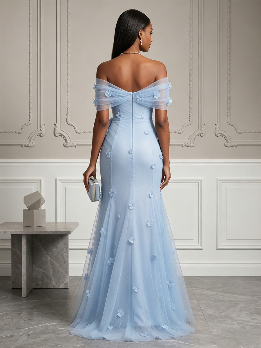 Tulle Mermaid/Trumpet Off Shoulder Floor-Length Evening Dresses with 3D Flowers & Ruched Waist