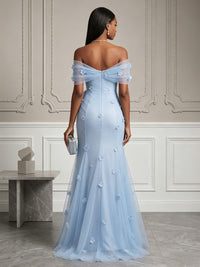 Tulle Mermaid/Trumpet Off Shoulder Floor-Length Evening Dresses with 3D Flowers & Ruched Waist