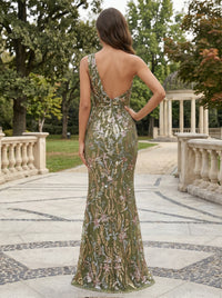 Sequin Floral Sheath/Column One Shoulder Floor-Length Evening Dresses with Slit